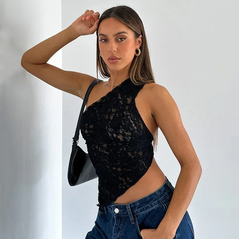 Ins Lace Backless Top Summer Solid Color Waistless Asymmetrical Sloped Neck Vest Streetwear Womens Clothes - DanaFashionstore