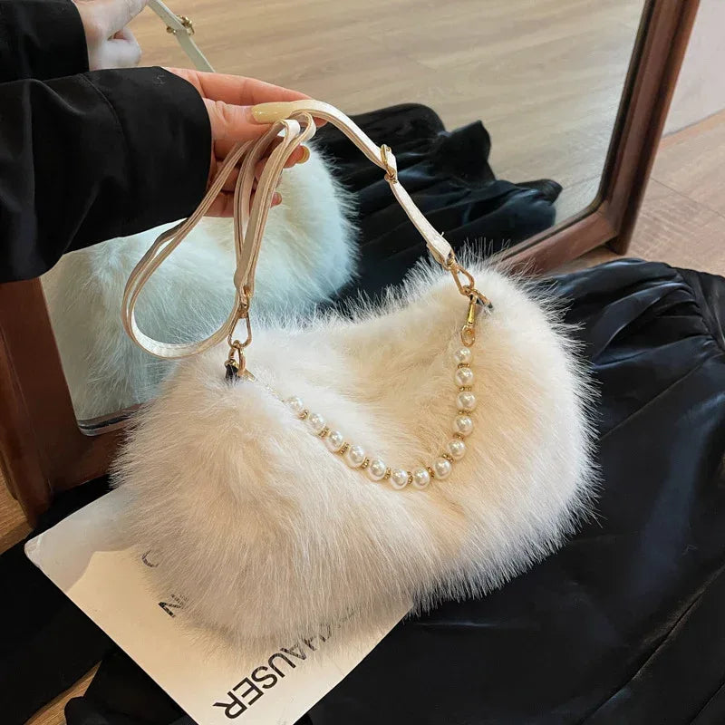 Autumn And Winter Fashion Shoulder Bags Pearl Chain Crossbody Bag Versatile Commuting Armpit Plush Female Bag - DanaFashionstore