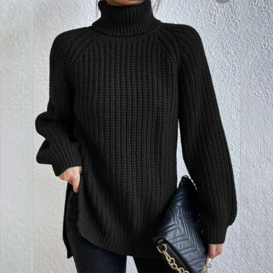 Turtleneck Pullover Sweater With Split Design Fashion Simple Solid Color Long Sleeve Tops Women's Clothing - DanaFashionstore
