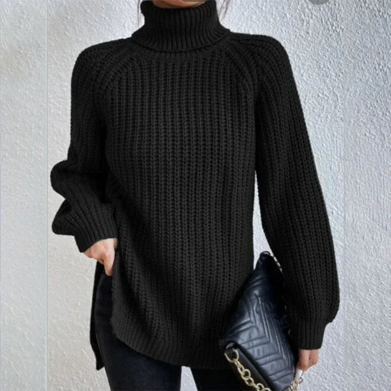 Turtleneck Pullover Sweater With Split Design Fashion Simple Solid Color Long Sleeve Tops Women's Clothing - DanaFashionstore