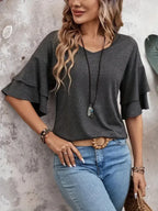 Loose V-neck Ruffle Sleeve T-shirt Fashion Solid Mid-sleeve Tops Women's Clothing - DanaFashionstore