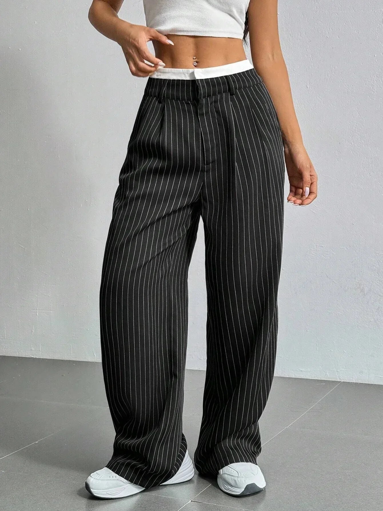 Stripe Printed Trousers Fashion High Waist Straight Leg Pants With Pocket Zipper Casual Suit Pants For Women - DanaFashionstore