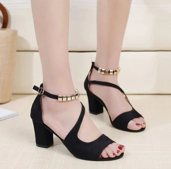 High-heeled suede sandals with buckled chunks with fish mouth sandals - DanaFashionstore