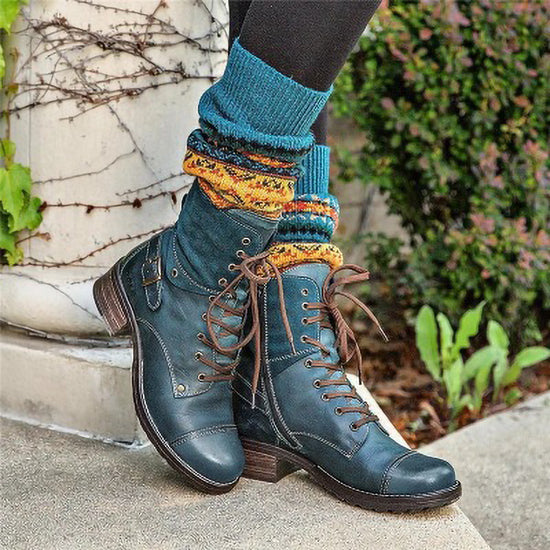 Casual Low-Heeled Round Toe Cross Lace-Up Ankle Boots