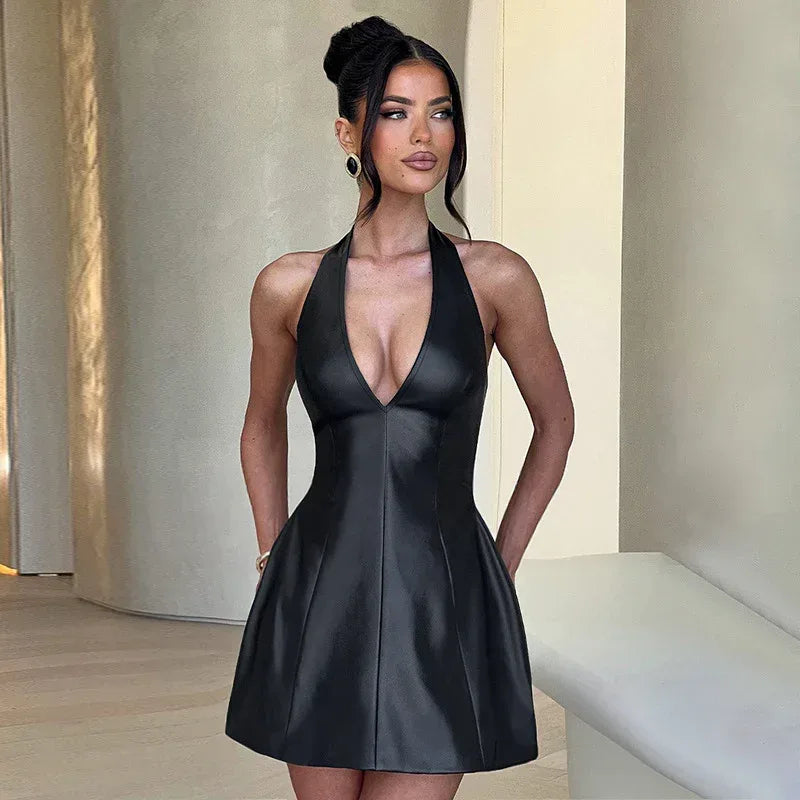Fashion V-neck Leather Backless Dress Women - DanaFashionstore