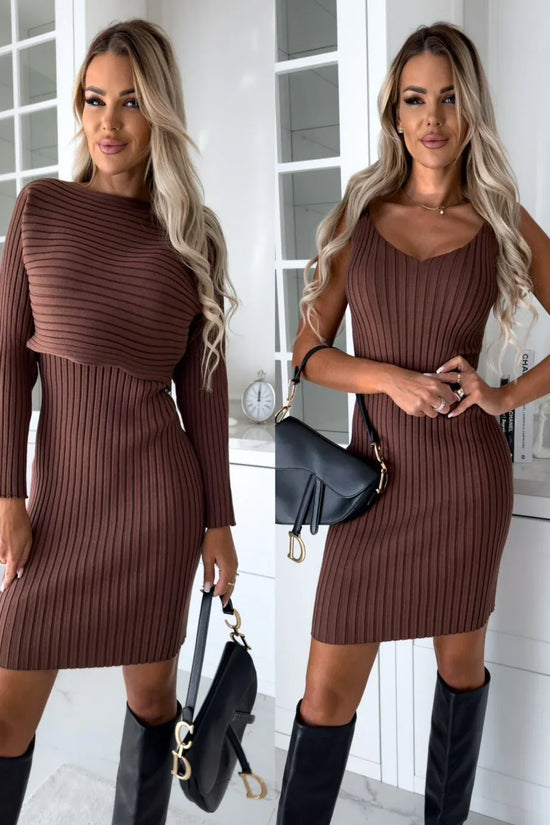 2pcs Suit Women's Solid Stripe Long-sleeved Top And Tight Suspender Skirt Fashion Autumn Winter Slim Clothing - DanaFashionstore