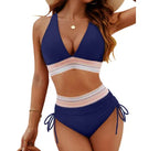 High Waisted Bikini Set With Color Blocking Drawstring Swimsuit - DanaFashionstore