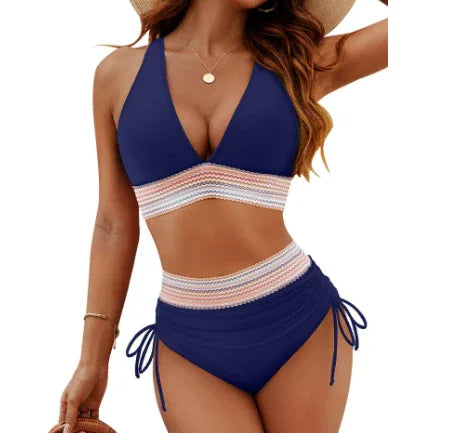 High Waisted Bikini Set With Color Blocking Drawstring Swimsuit - DanaFashionstore
