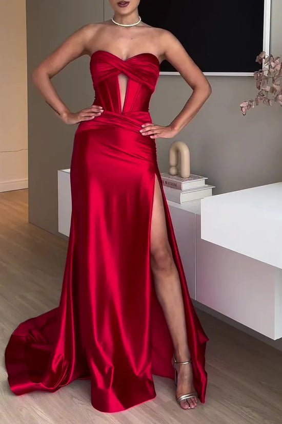 Tube Top Slit Red Extra Long Evening Dress - DanaFashionstore