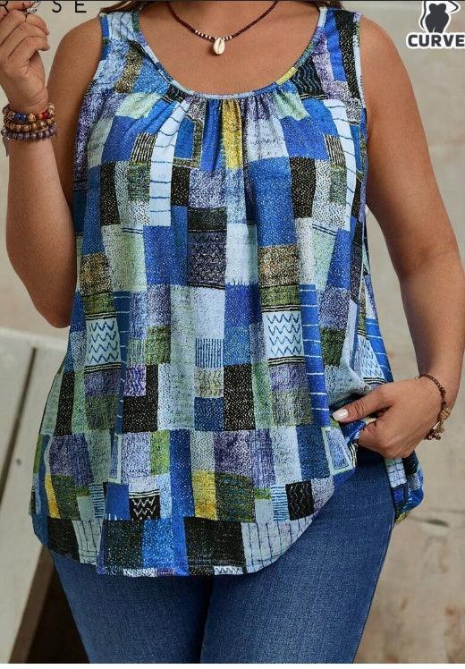 Plus Size Women's Summer Geometric Printed Round Neck Pleated Casual Tank Top - DanaFashionstore