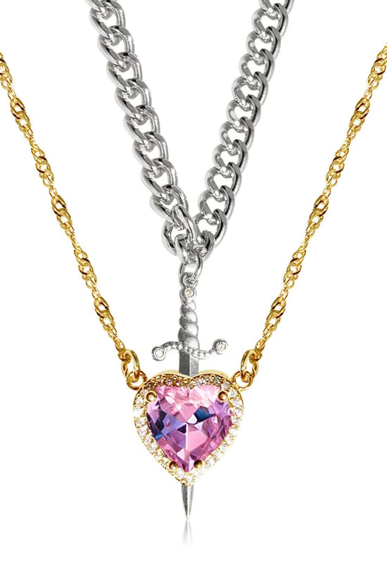 New Heart And Sword Necklace Set Gold Color Stainless Steel Crystal Couple Necklaces For Women Men Boyfriend Girlfriend Gifts