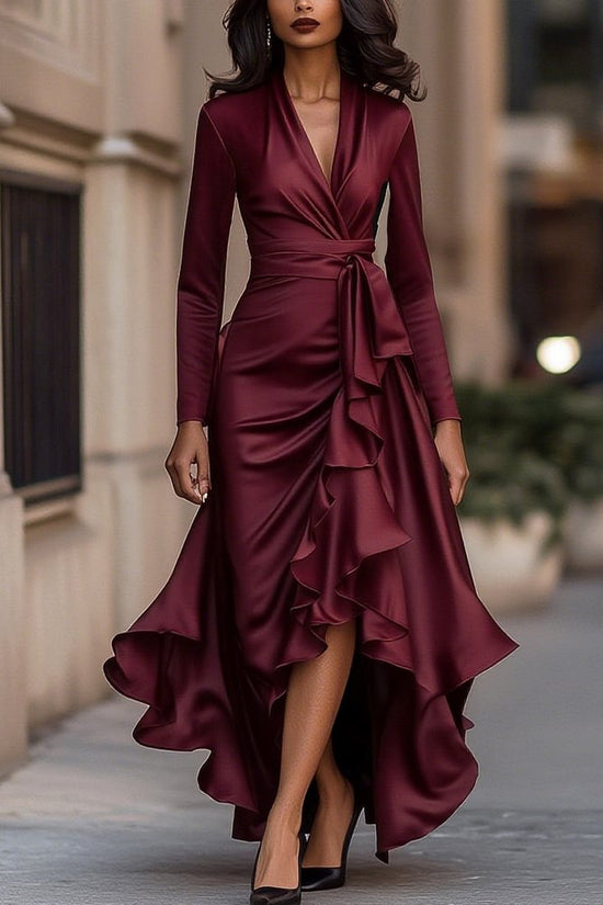 V-neck Waist Trimming Ruffles Elegant Dress