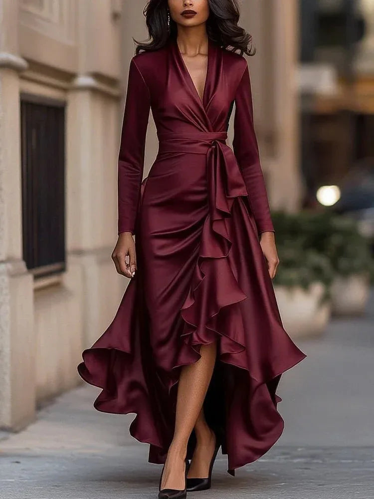 V-Neck Waist Trimming Ruffle Dress 2026 - Elegant Fitted Dress - DanaFashionstore