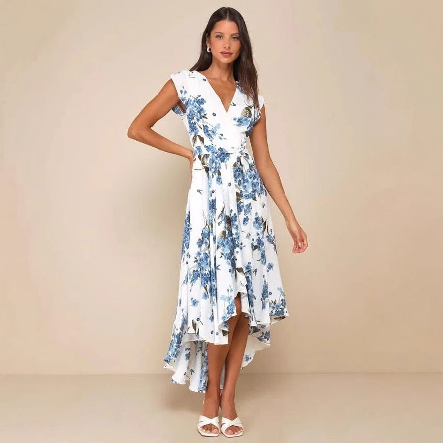 Women's Short-sleeved V-neck Digital Printing Irregular Front Short Back Length Dress