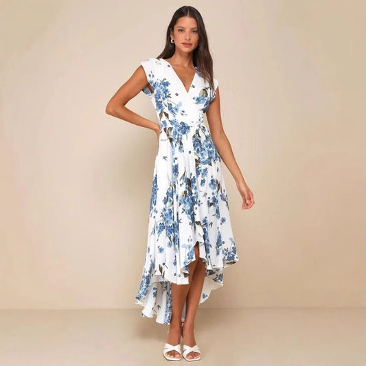 Women's Short-sleeved V-neck Digital Printing Irregular Front Short Back Length Dress