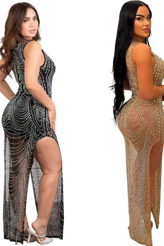Wear Pure Color Mesh Rhinestone Sleeveless Maxi Dress
