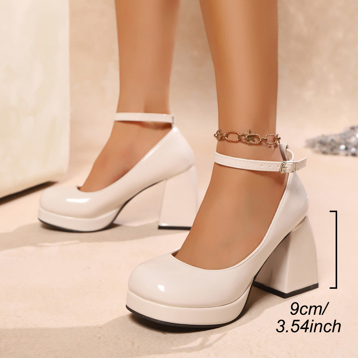 Fluorescent Yellow Chunky Heel Pearl Chain Women's High Heels