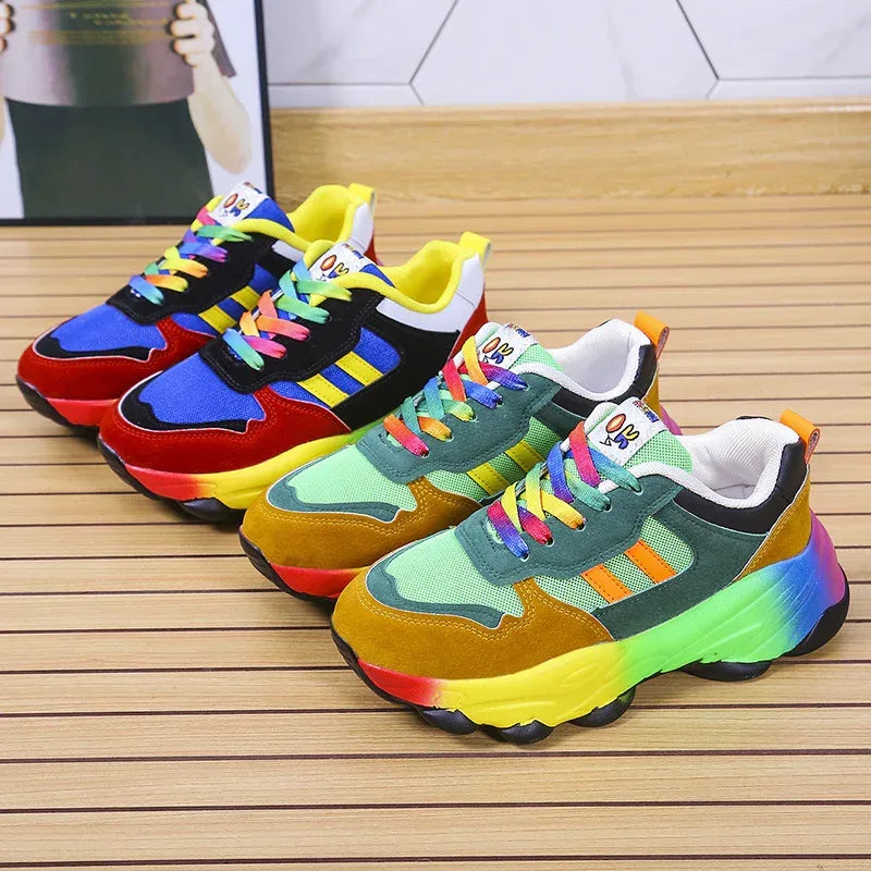 Women's Fashion Thick Bottom Colorful Front Lace-up Sneakers - DanaFashionstore