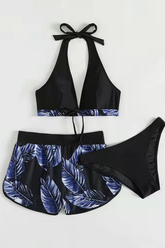 3pcs Leaf Print Bikini With Shorts Fashion Summer Beach Swimsuit Womens Clothing