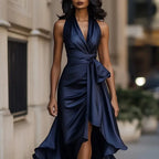 Elegant Deep V-neck Irregular Women's Ruffled Ruffled Evening Dress Gowns Solid Color Lace-up High Waist Satin Party Dresses Wedding Guests Dress - DanaFashionstore