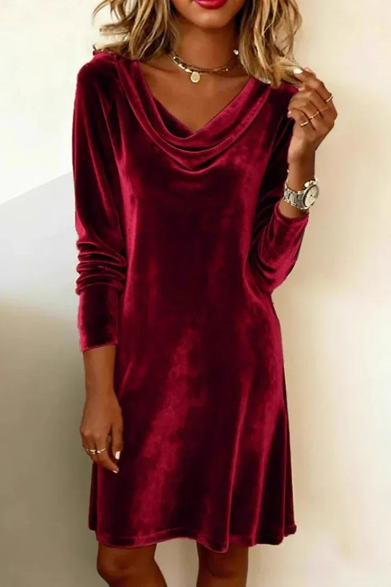 Elegant Solid Color Swing Collar Long Sleeved Velvet Dress Temperament Gentle Skirts For Women Cocktail Party Formal Dresses - DanaFashionstore