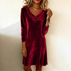 Elegant Solid Color Swing Collar Long Sleeved Velvet Dress Temperament Gentle Skirts For Women Cocktail Party Formal Dresses - DanaFashionstore