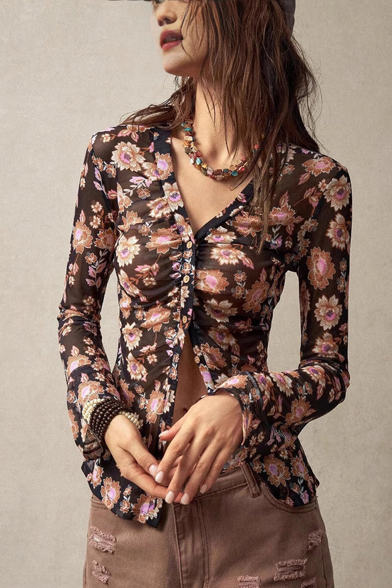 European And American Printed Shirt Women's Slim Fit Slimming Retro Temperament