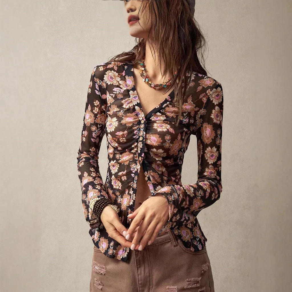 European And American Printed Shirt Women's Slim Fit Slimming Retro Temperament - DanaFashionstore