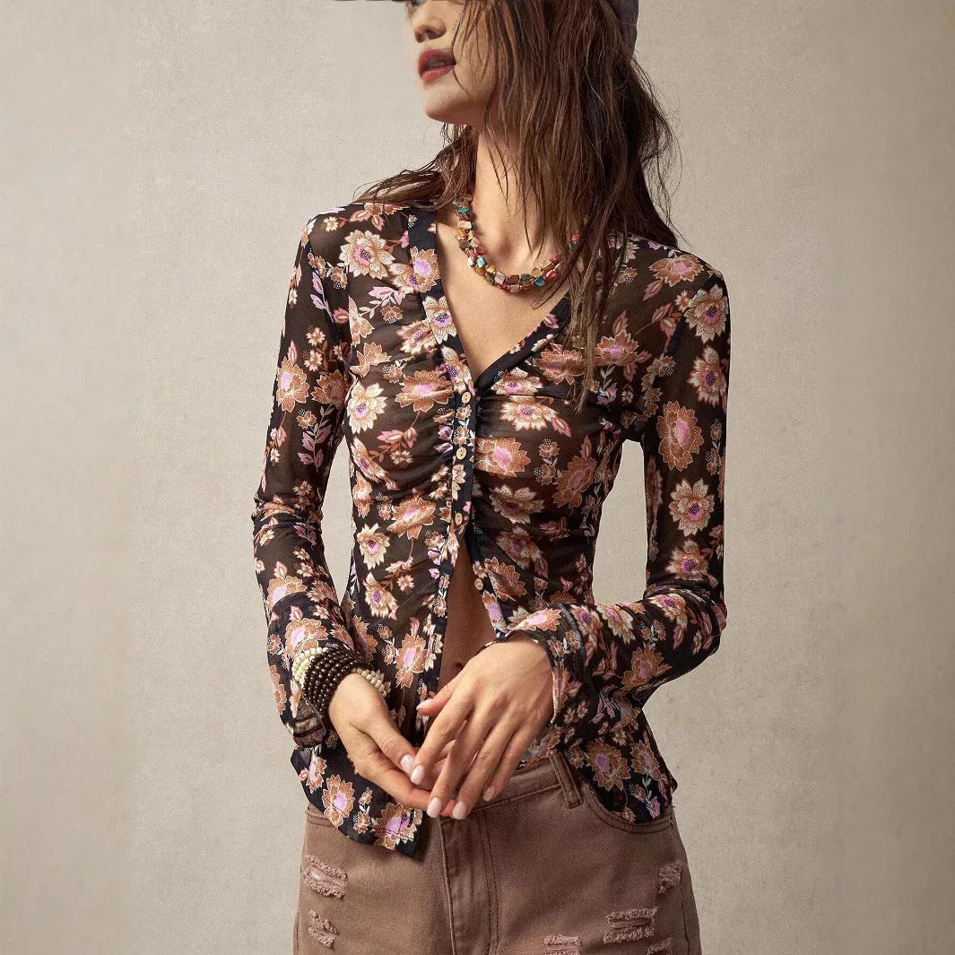 European And American Printed Shirt Women's Slim Fit Slimming Retro Temperament - DanaFashionstore