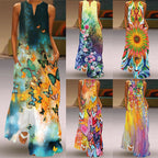 Butterfly Print Long Dress V-Neck Sleeveless