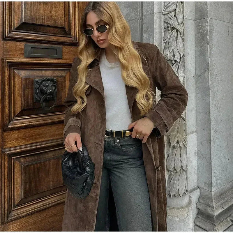 Double Breasted Lapel Shift Coat With Belt Fashion Vintage Suede Long Coat Winter Outwear Women's Clothing - DanaFashionstore