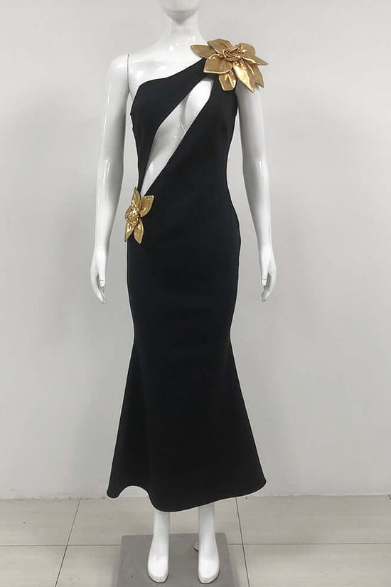 Slim-fit Bandage Golden Flower Maxi Dress $139.12 Dana Fashion Color: Black Size: L Women's clothing Product information: Pattern: Flowers Fabric name: Polyester Skirt type: One-Step skirt Color: Black Size: S,M,L Style type: temperament conjoined Style: