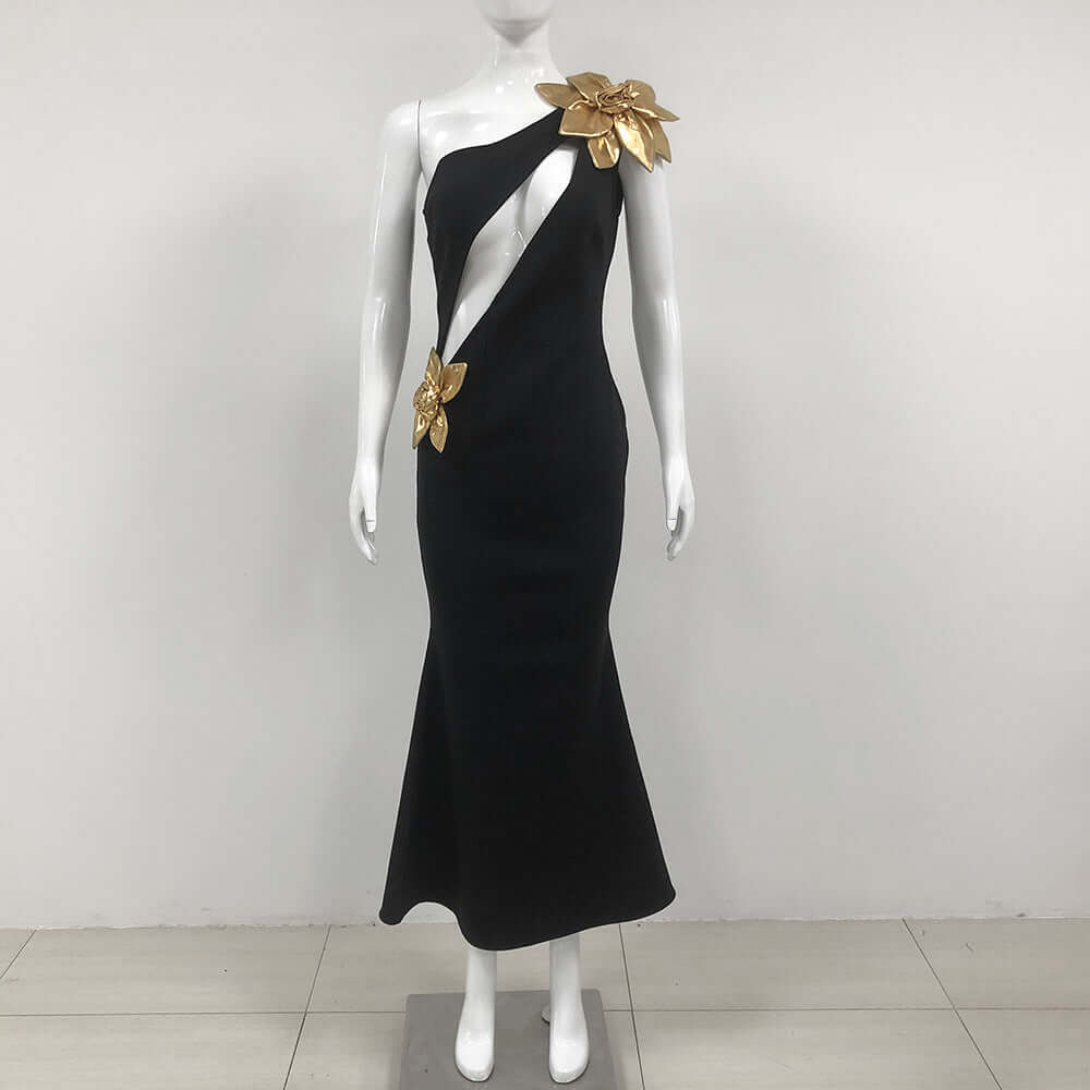 Slim-fit Bandage Golden Flower Maxi Dress $139.12 Dana Fashion Color: Black Size: L Women's clothing Product information: Pattern: Flowers Fabric name: Polyester Skirt type: One-Step skirt Color: Black Size: S,M,L Style type: temperament conjoined Style: