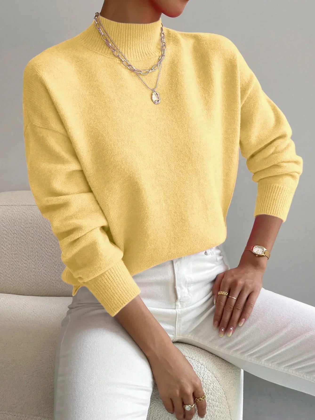 Women's Pullover Sweater Casual Solid Color Mid-high Neck Long-sleeved Knitted Tops Clothing - DanaFashionstore