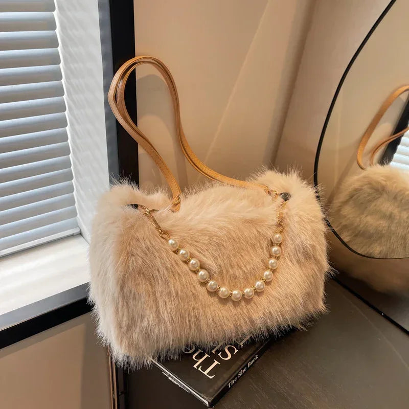 Autumn And Winter Fashion Shoulder Bags Pearl Chain Crossbody Bag Versatile Commuting Armpit Plush Female Bag - DanaFashionstore