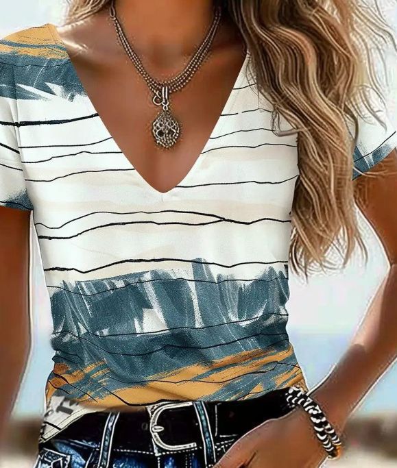 Casual Top Fashion Trend Stripes Short Sleeve Women V-neck