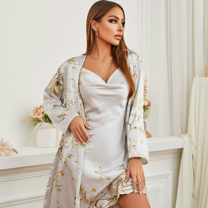 Women's Thin Mid-Length Lace-Up Nightgown Nightdress Two Piece Set - Dana Fashion
