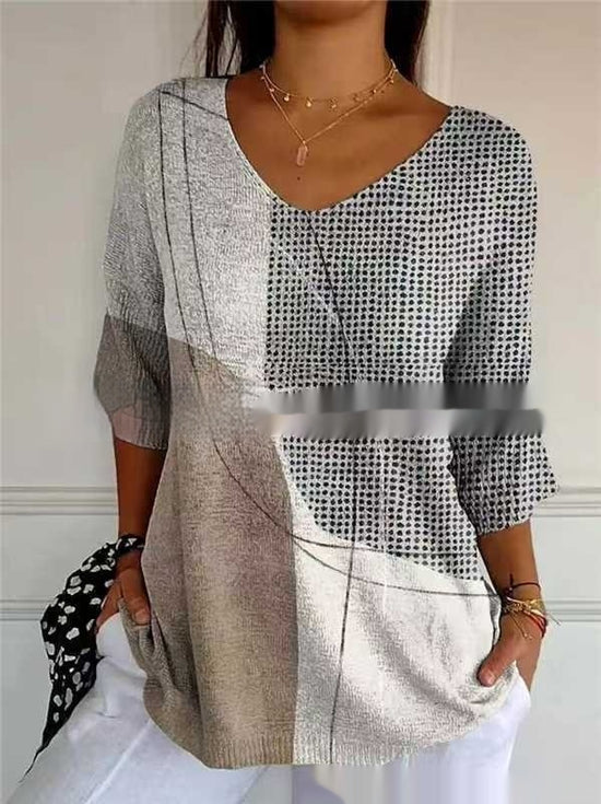 New Fashion Casual V-neck 3D Printed Geometric Pattern Half Sleeve T-shirt Top For Women