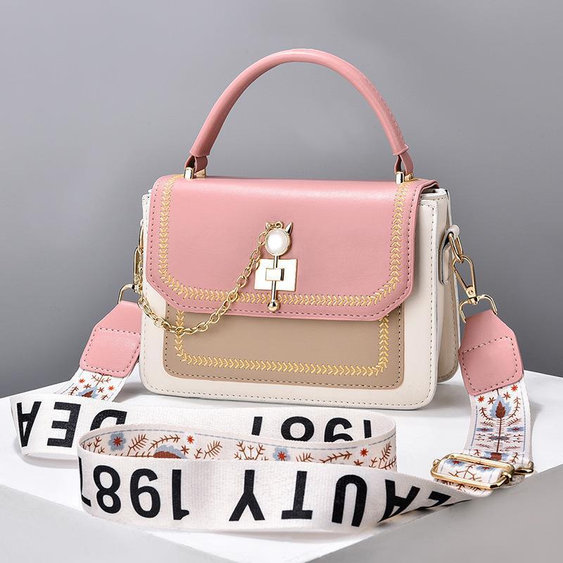 Wide Shoulder Strap Embroidery Thread Contrast Color Large Capacity Shoulder Bag - Dana Fashion