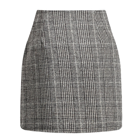 Women's High Waist Plaid Tight Pencil Wool Mini Skirt
