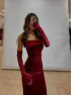 Burgundy Velvet Strapless Maxi Dress