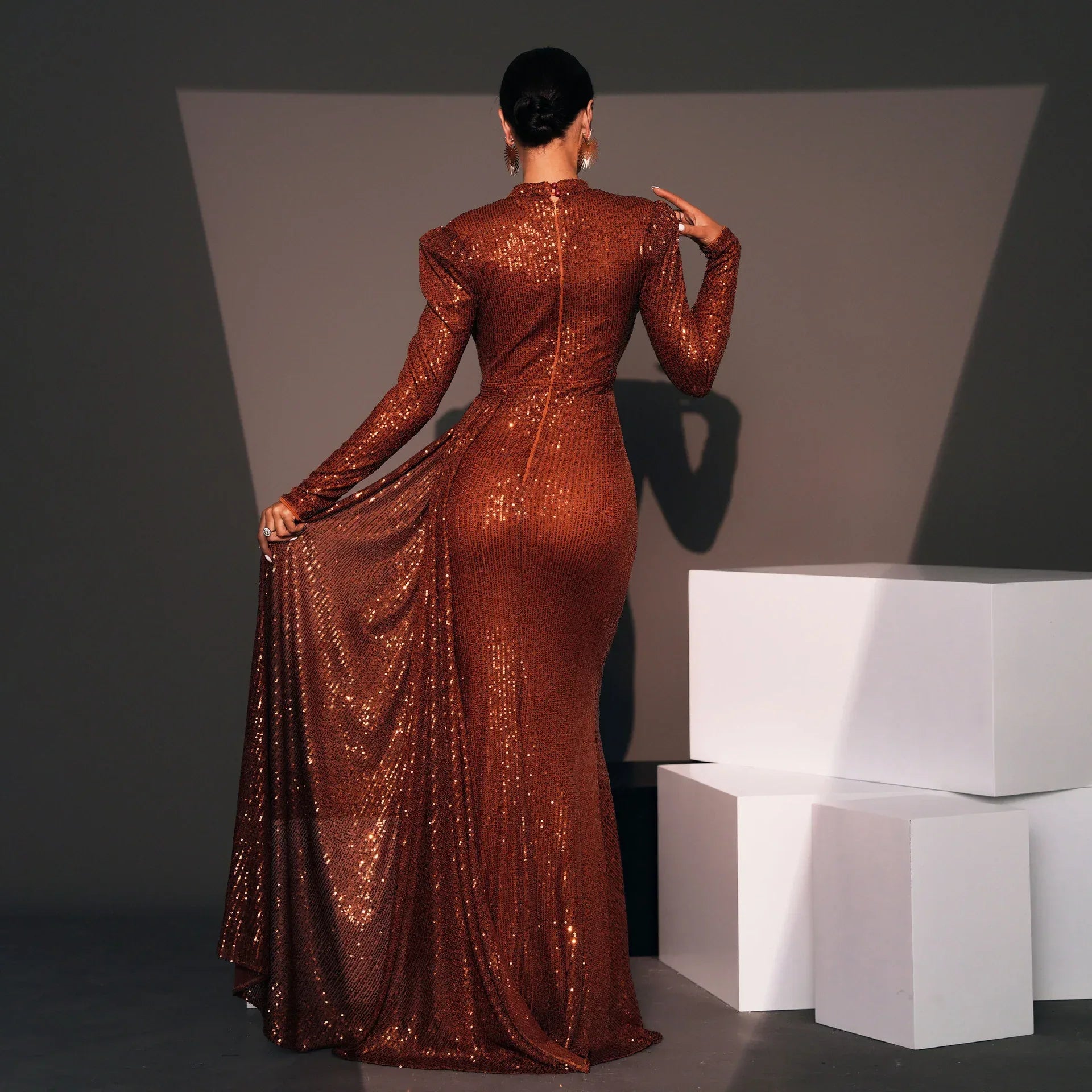 Long Sleeve Round Neck Sexy Slim Long Sequined Banquet Dress - DanaFashionstore