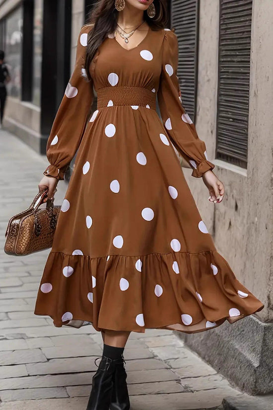 V-neck Long Sleeve Ruffled Hem Dress - Dana Fashion