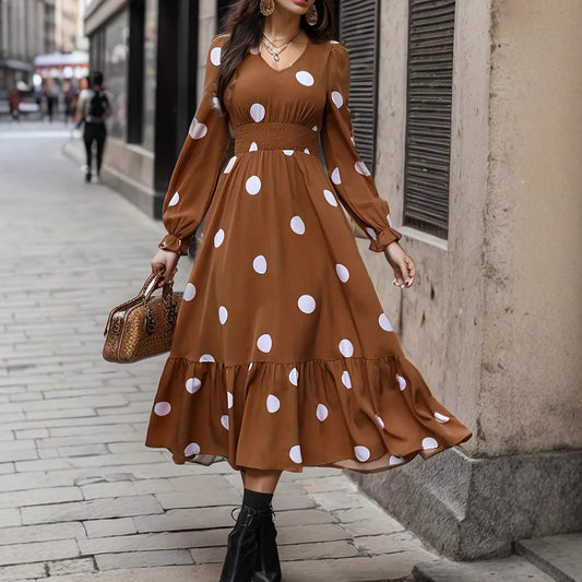 V-neck Long Sleeve Ruffled Hem Dress - Dana Fashion