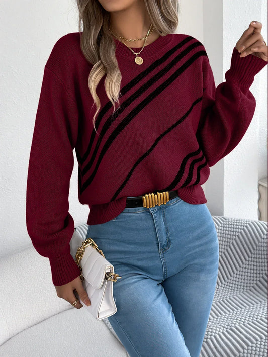 Women Casual Striped Round Neck Lantern Sleeve Long Sleeve Pullover Sweater - DanaFashionstore