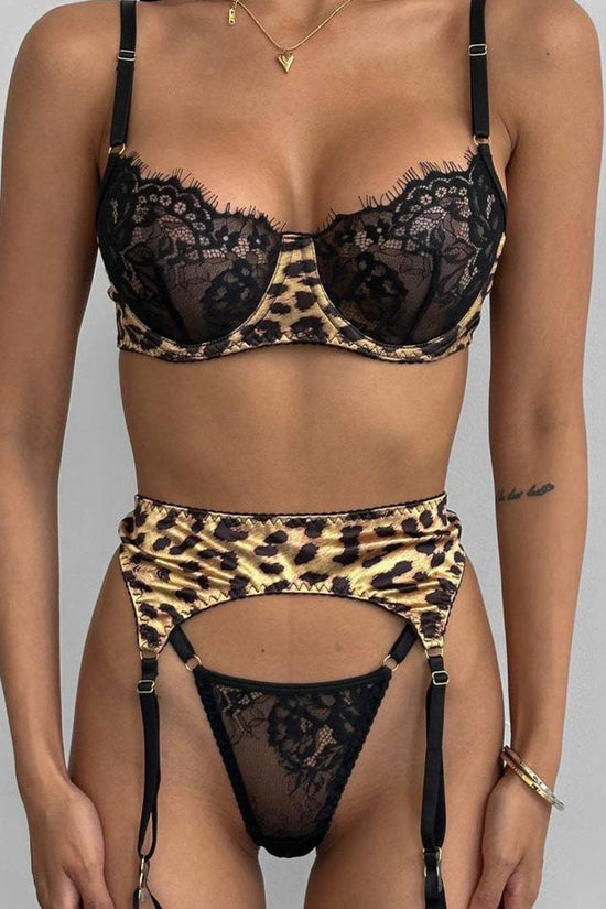 Sexy Leopard Print Stitching Lace See-through Sexy Lingerie Three-piece Set