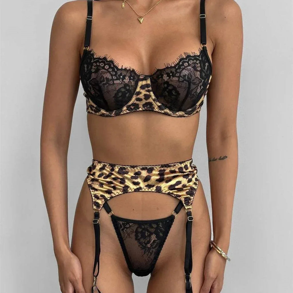Sexy Leopard Print See-Through Lingerie 2026 - Lace Three-Piece Set - DanaFashionstore