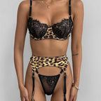 Sexy Leopard Print See-Through Lingerie 2026 - Lace Three-Piece Set - DanaFashionstore