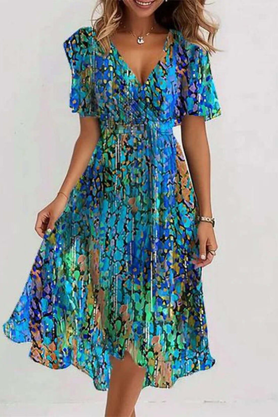 Chiffon Printed Short Sleeve Dress Summer Elegant V-neck Dresses Womens Clothing $51.98 Dana Fashion Color: Blue Size: 3XL Women's clothing Overview: Unique design, stylish and beautiful. Good material, comfortable wear. A variety of colors, any choice. P
