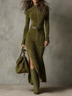 Slim Zipper Dress Elegant Temperament Split Long-sleeved Dresses Cowboy Fashion Retro Women's Clothing - DanaFashionstore
